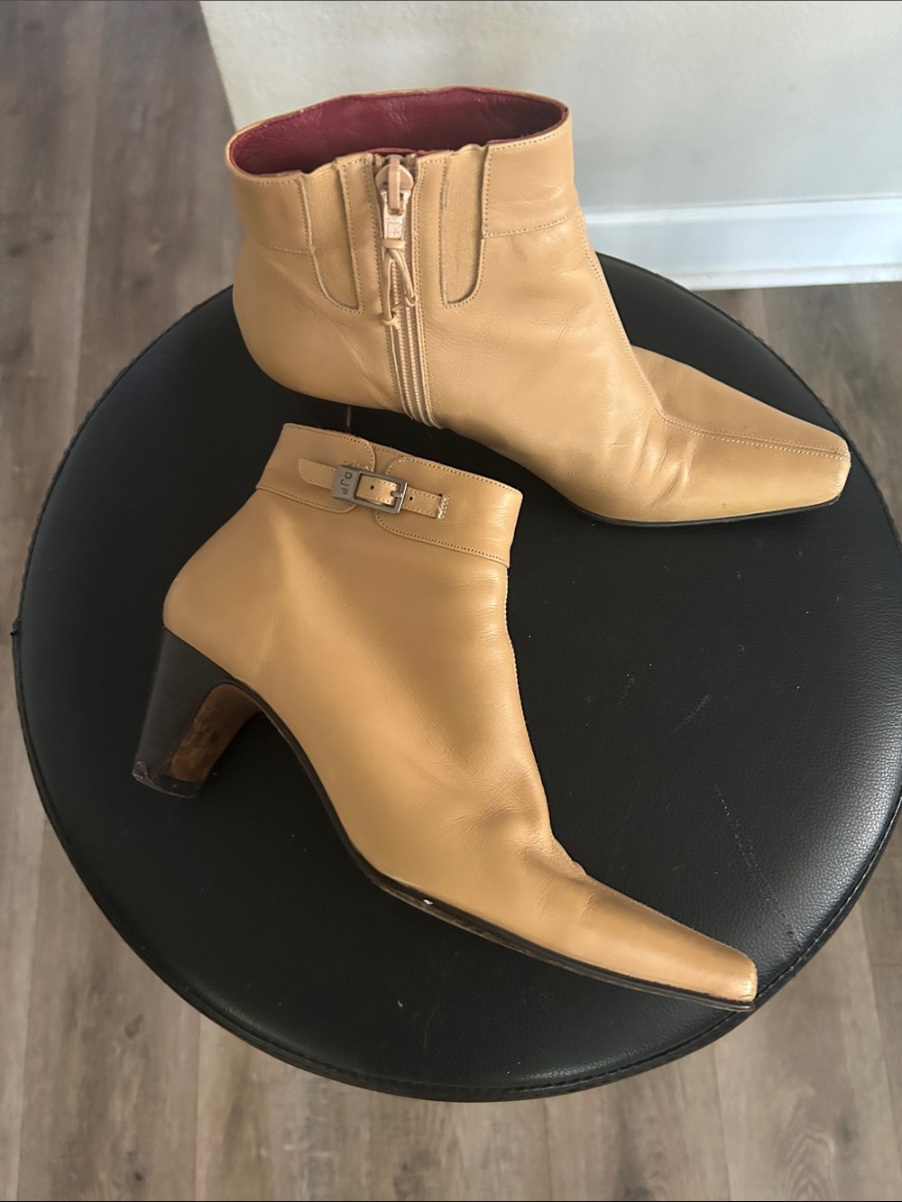 Donald J. Pliner Tan Leather Pointed Ankle Booties with Side Buckle
